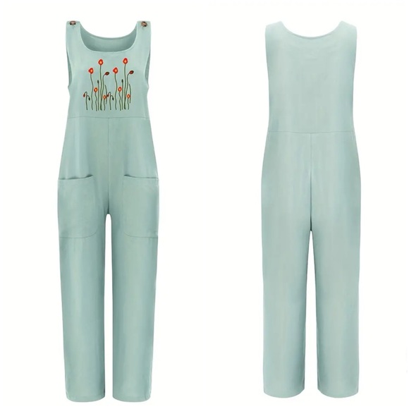 LIGHT GREEN floral embroidered overalls/jumper|XL - Picture 2 of 6